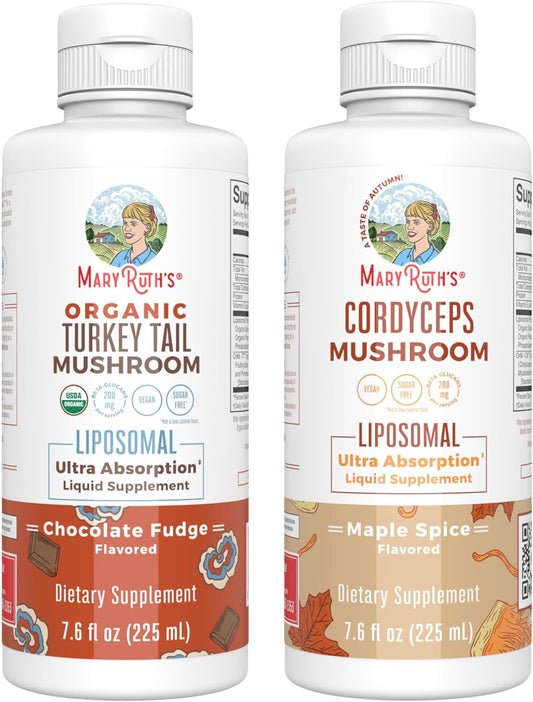 MaryRuth Organics Mushroom Liposomals Bundle: Turkey Tail Chocolate Fudge & Cordyceps Maple Spice | Clean Label Project Verified | Immunity & Energy Support | Vegan & Gluten Free