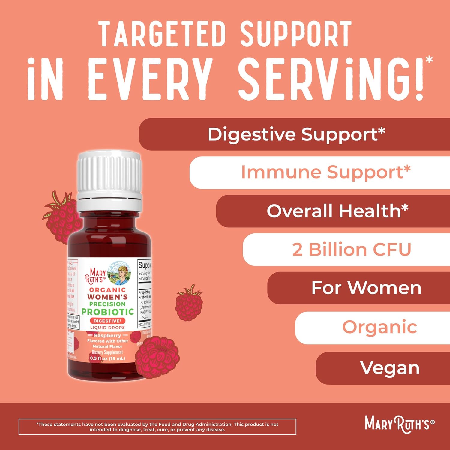 MaryRuth Organics Precision Probiotic & B Complex Drops for Women - Raspberry & Cherry | Organic Vitamins for Gut Health & Immunity | Vegan, Non-GMO, Gluten Free