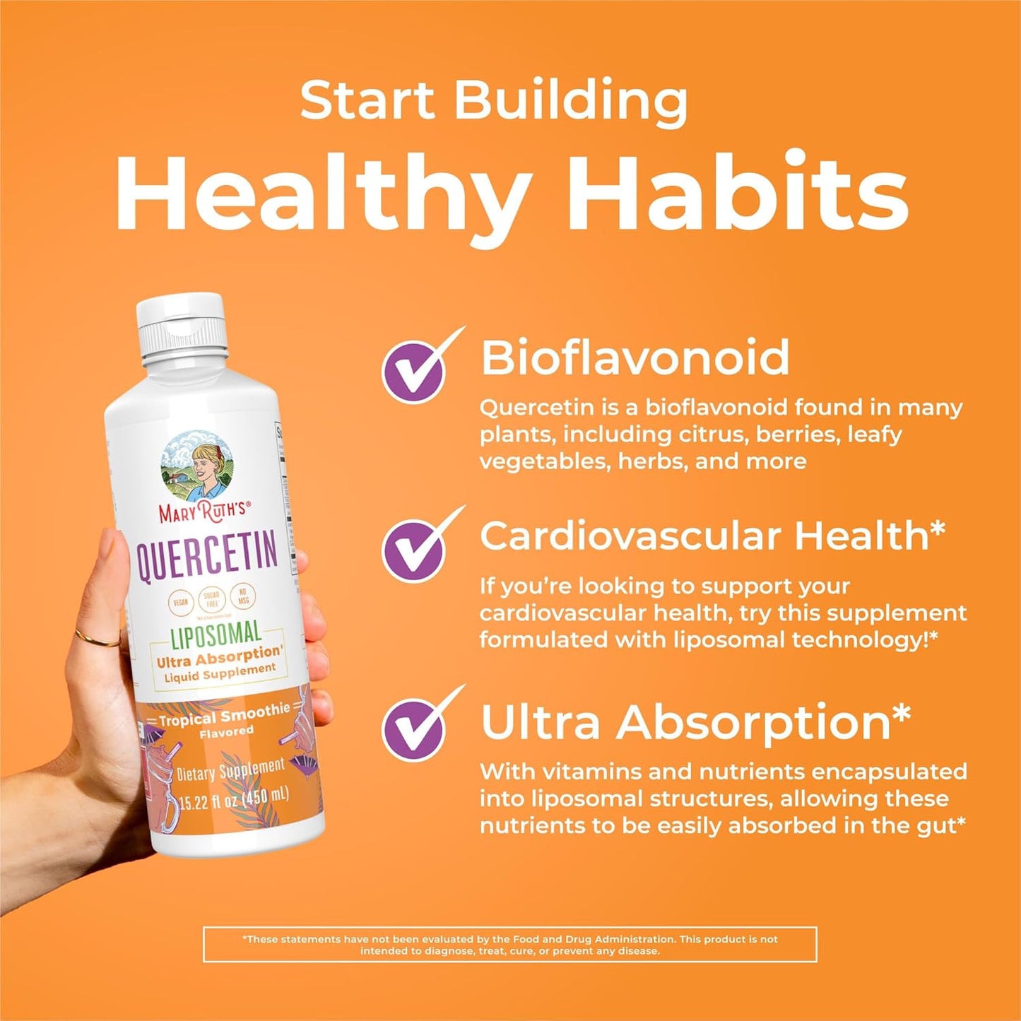 MaryRuth Organics Quercetin Liquid 500mg Immune Support for Adults - Sugar Free Inflammation Supplement - Vegan Non-GMO Gluten Free - 15.22 Fl Oz