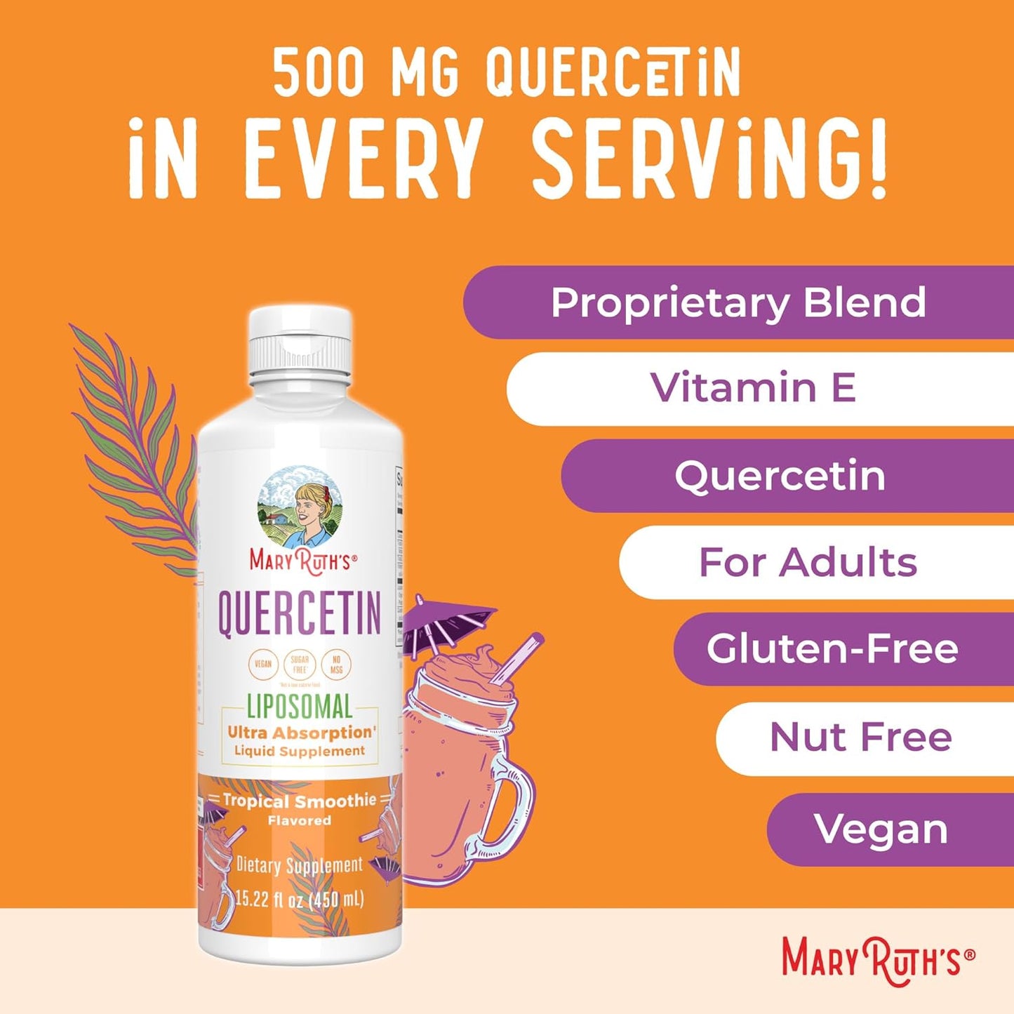 MaryRuth Organics Quercetin Liquid 500mg Immune Support for Adults - Sugar Free Inflammation Supplement - Vegan Non-GMO Gluten Free - 15.22 Fl Oz