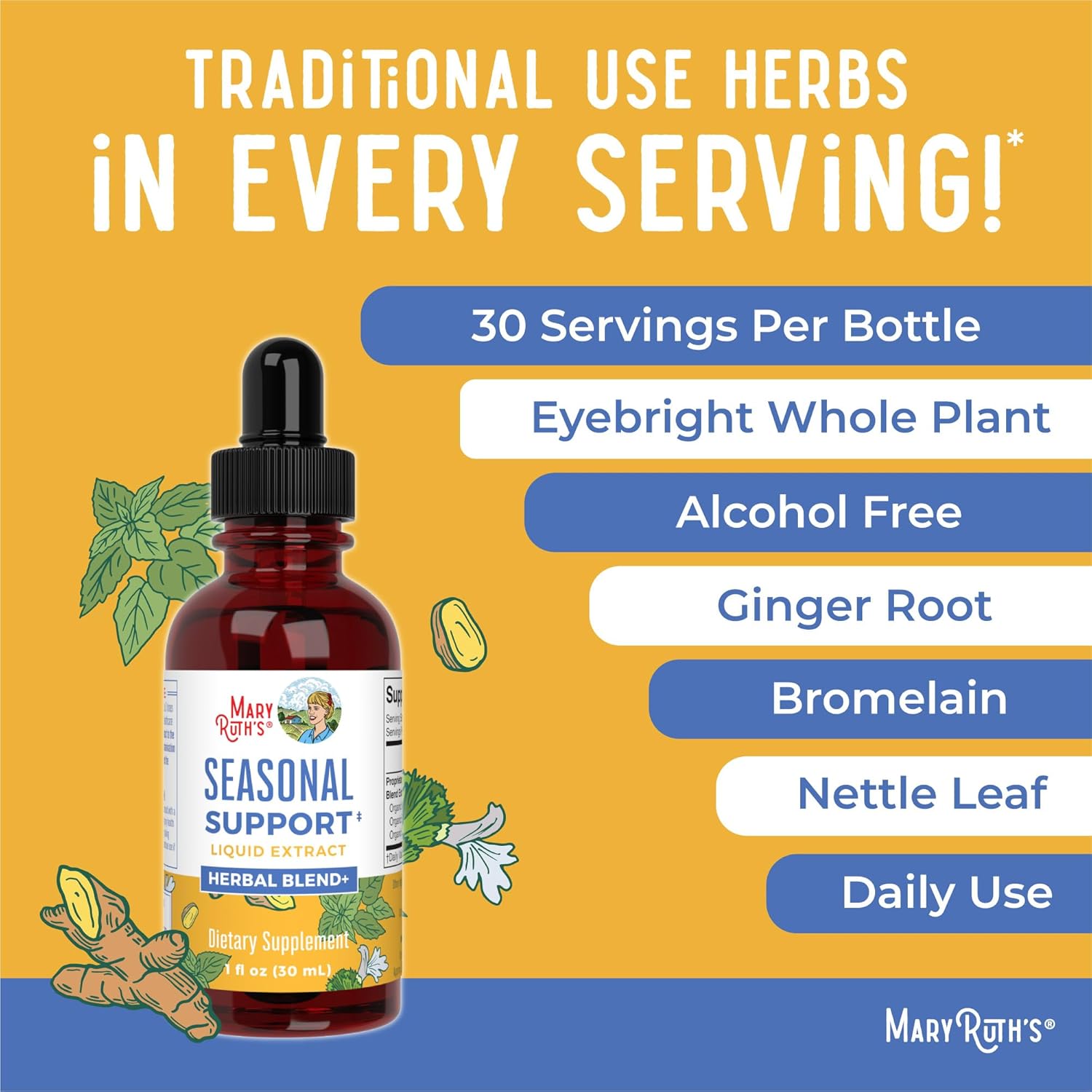 MaryRuth Organics Seasonal Support Liquid Extract - Ginger Root, Bromelain, Nettle Leaf - 4 Herbal Blend - Non-GMO, Vegan, Gluten Free - 1 Fl Oz