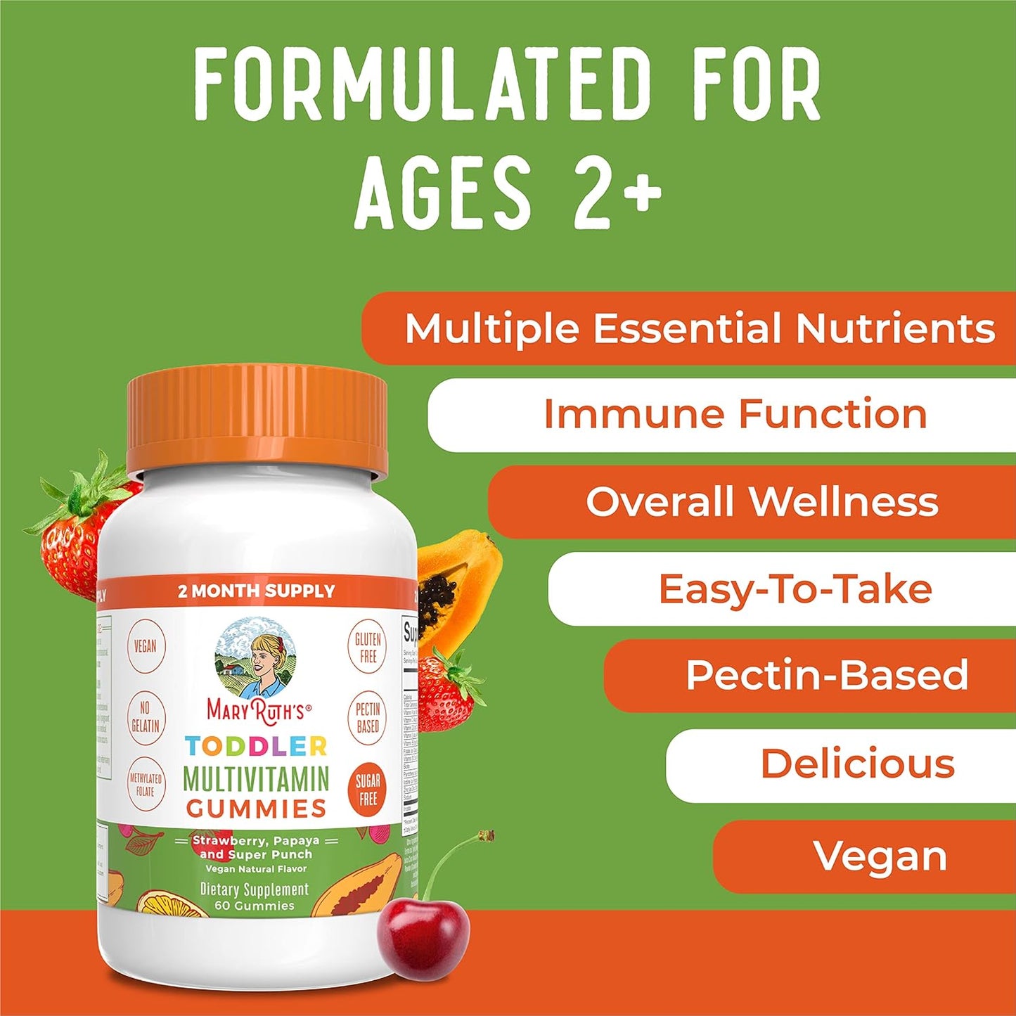 MaryRuth Organics Sugar Free Kids Vitamin Gummies - 2 Month Supply with Vitamin C, D3, Zinc - Vegan, Non GMO - 60 Count