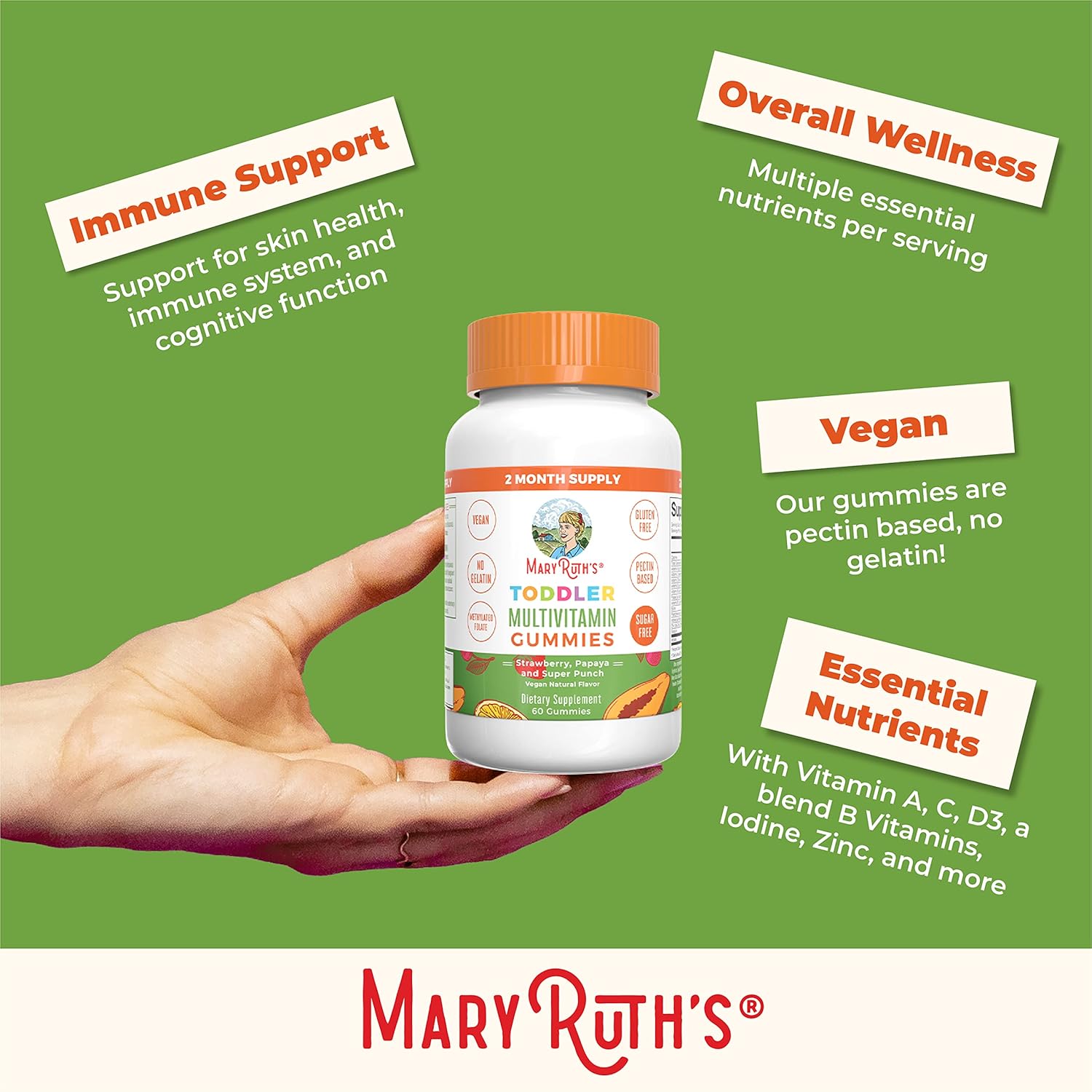 MaryRuth Organics Sugar Free Kids Vitamin Gummies - 2 Month Supply with Vitamin C, D3, Zinc - Vegan, Non GMO - 60 Count