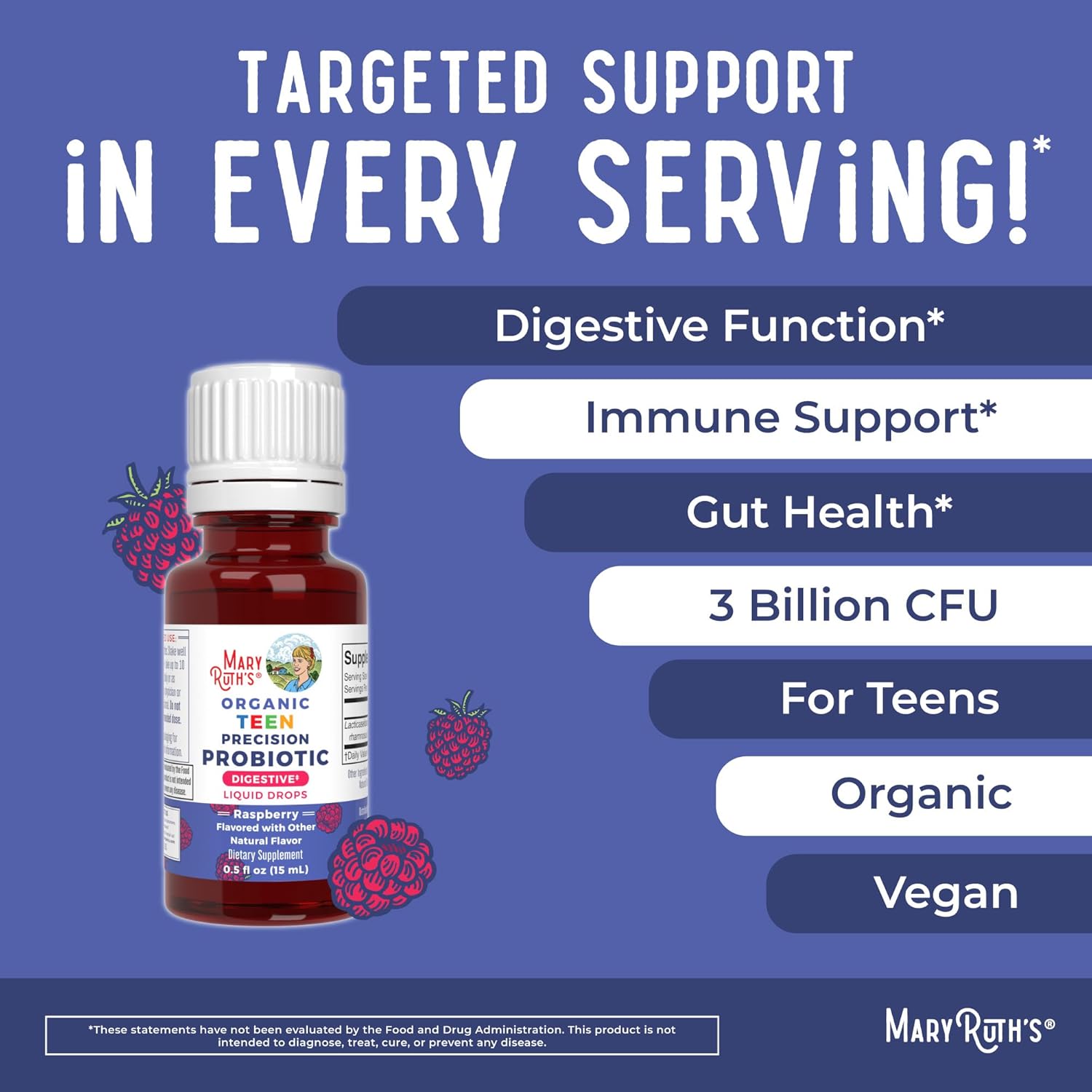 MaryRuth Organics Teen Precision Probiotic & Zinc Drops - Raspberry Flavor | Clean Label Project Verified® | Gut Health, Immune Support, Wellness Vitamins | Vegan, Non-GMO, Gluten Free