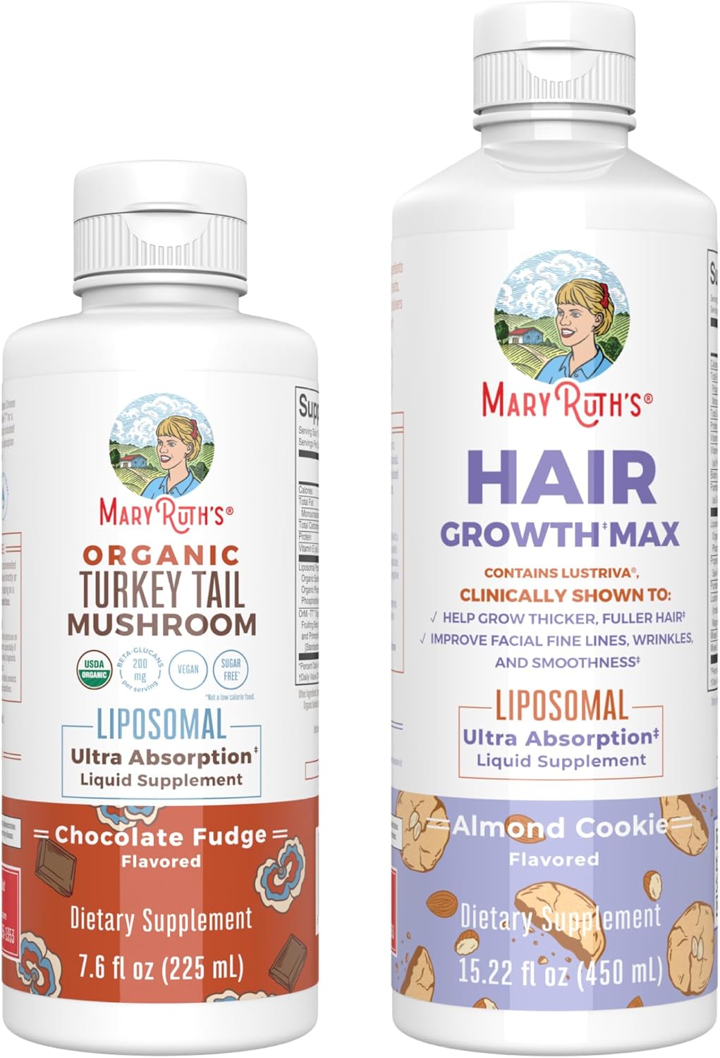 MaryRuth Organics Turkey Tail Mushroom Liposomal & Hair Growth MAX Bundle - Chocolate Fudge & Almond Cookie Flavors | Clean Label Project Verified® | Immunity & Beauty Vitamins Vegan, Gluten-Free