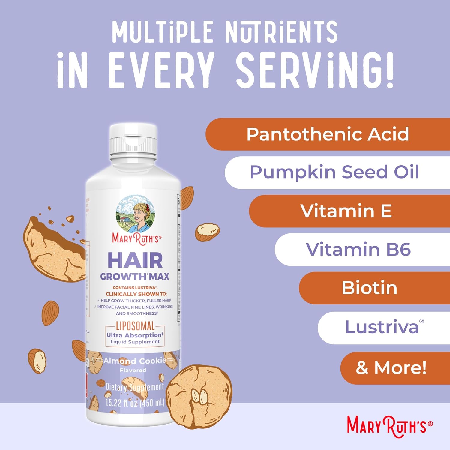 MaryRuth Organics Turkey Tail Mushroom Liposomal & Hair Growth MAX Bundle - Chocolate Fudge & Almond Cookie Flavors | Clean Label Project Verified® | Immunity & Beauty Vitamins Vegan, Gluten-Free