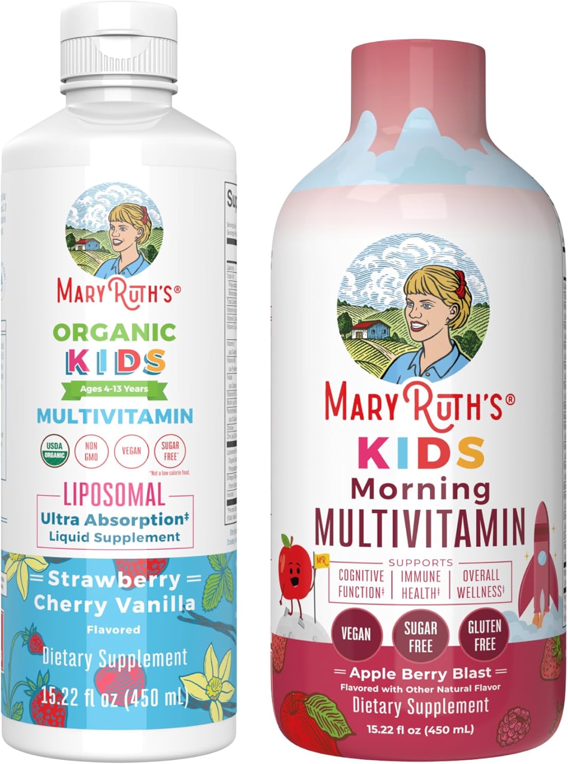MaryRuth's Kids Liquid Multivitamin Bundle: Apple Berry & Liposomal Strawberry Cherry Vanilla | Clean Label Project Verified, Vegan, Non-GMO, Gluten Free for Overall Wellness