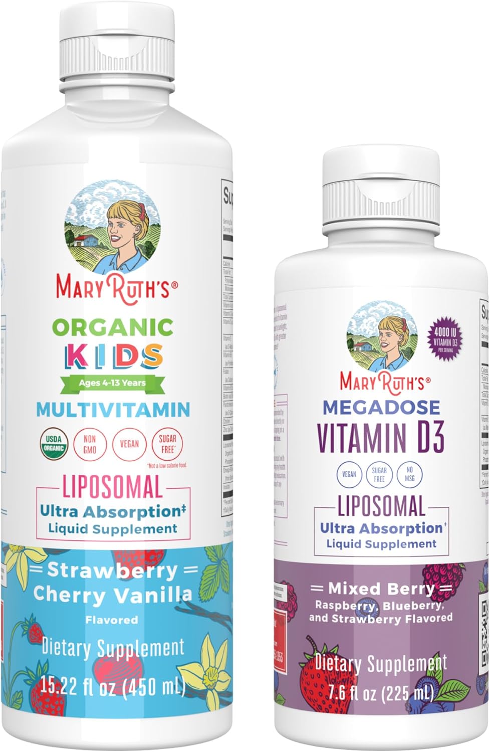 MaryRuth's Kids Multivitamin & Vitamin D3 Liposomal Bundle | Clean Label Project Verified® | Immunity & Wellness Support | Vegan, Non-GMO | Strawberry Cherry, Vanilla, & Mixed Berry Flavor