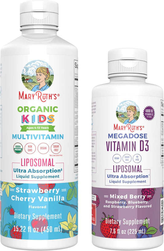 MaryRuth's Kids Multivitamin & Vitamin D3 Liposomal Bundle | Clean Label Project Verified® | Immunity & Wellness Support | Vegan, Non-GMO | Strawberry Cherry, Vanilla, & Mixed Berry Flavor