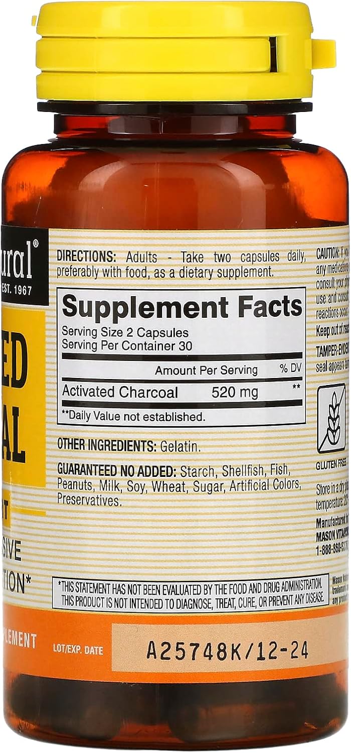 MASON NATURAL Activated Digestive Aid Vegetable Charcoal Capsules - 60 Count