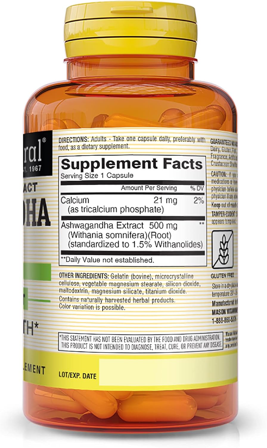 MASON NATURAL Ashwagandha 500mg Herbal Supplement - Stress & Energy Support - 180 Capsules
