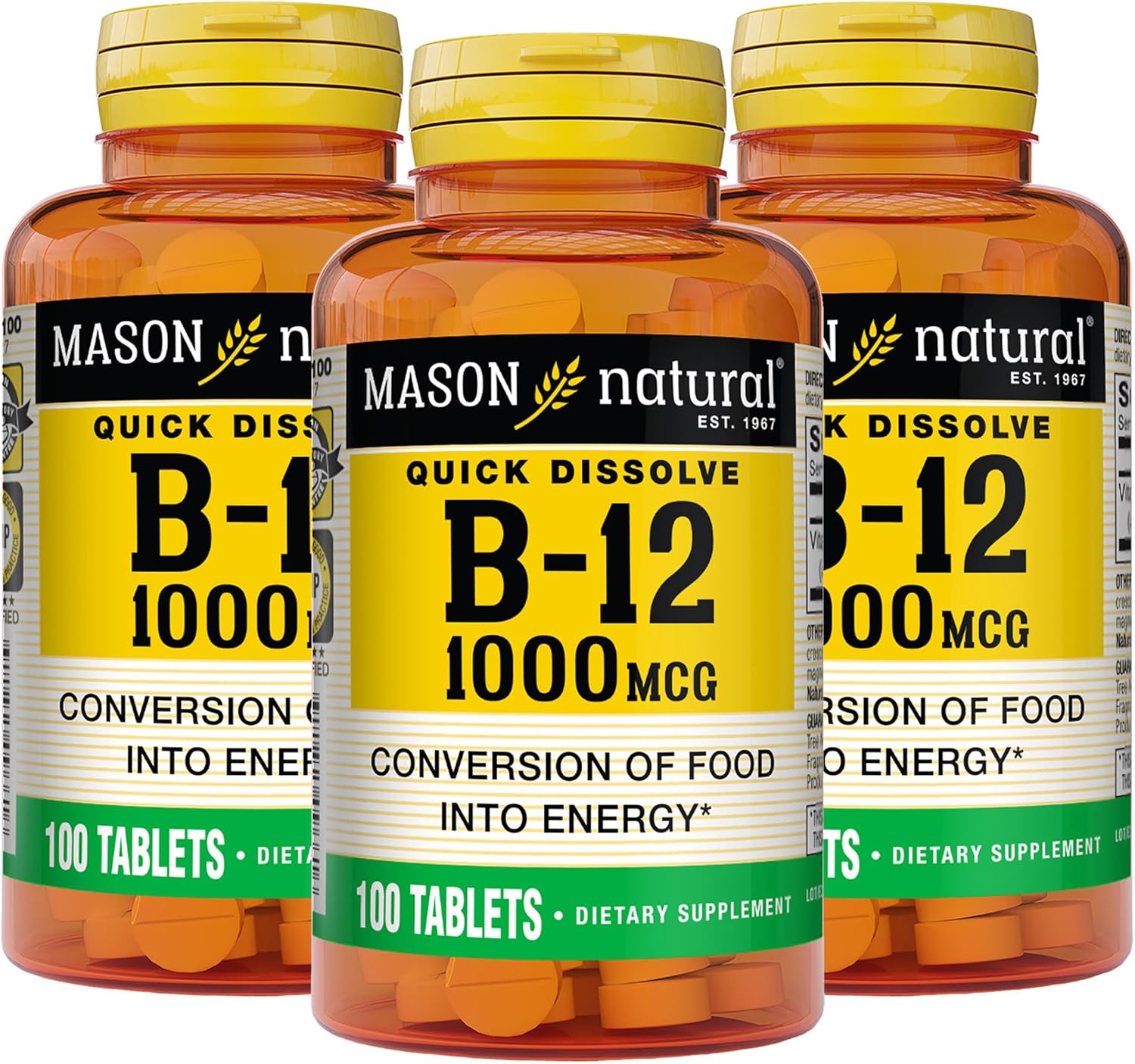 Mason Natural B-12 1000 mcg Quick Dissolve Tablets - 300 Day Supply for Energy Conversion - Pack of 3
