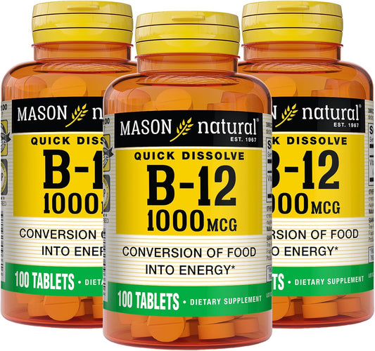 Mason Natural B-12 1000 mcg Quick Dissolve Tablets - 300 Day Supply for Energy Conversion - Pack of 3