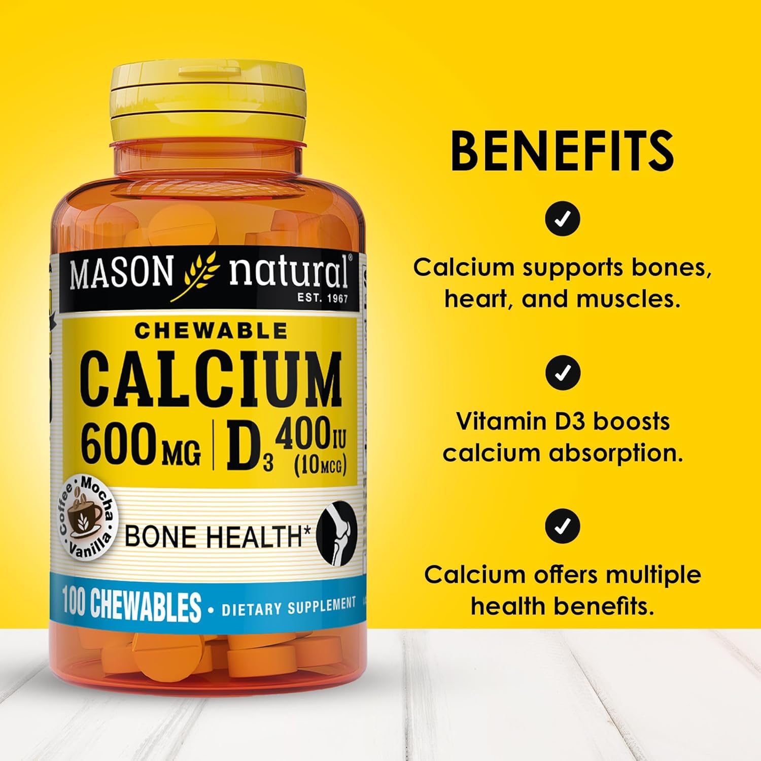 MASON NATURAL Calcium 600 mg with Vitamin D3 Chewables - Bone and Muscle Support, Coffee Mocha Flavor, 300 Count