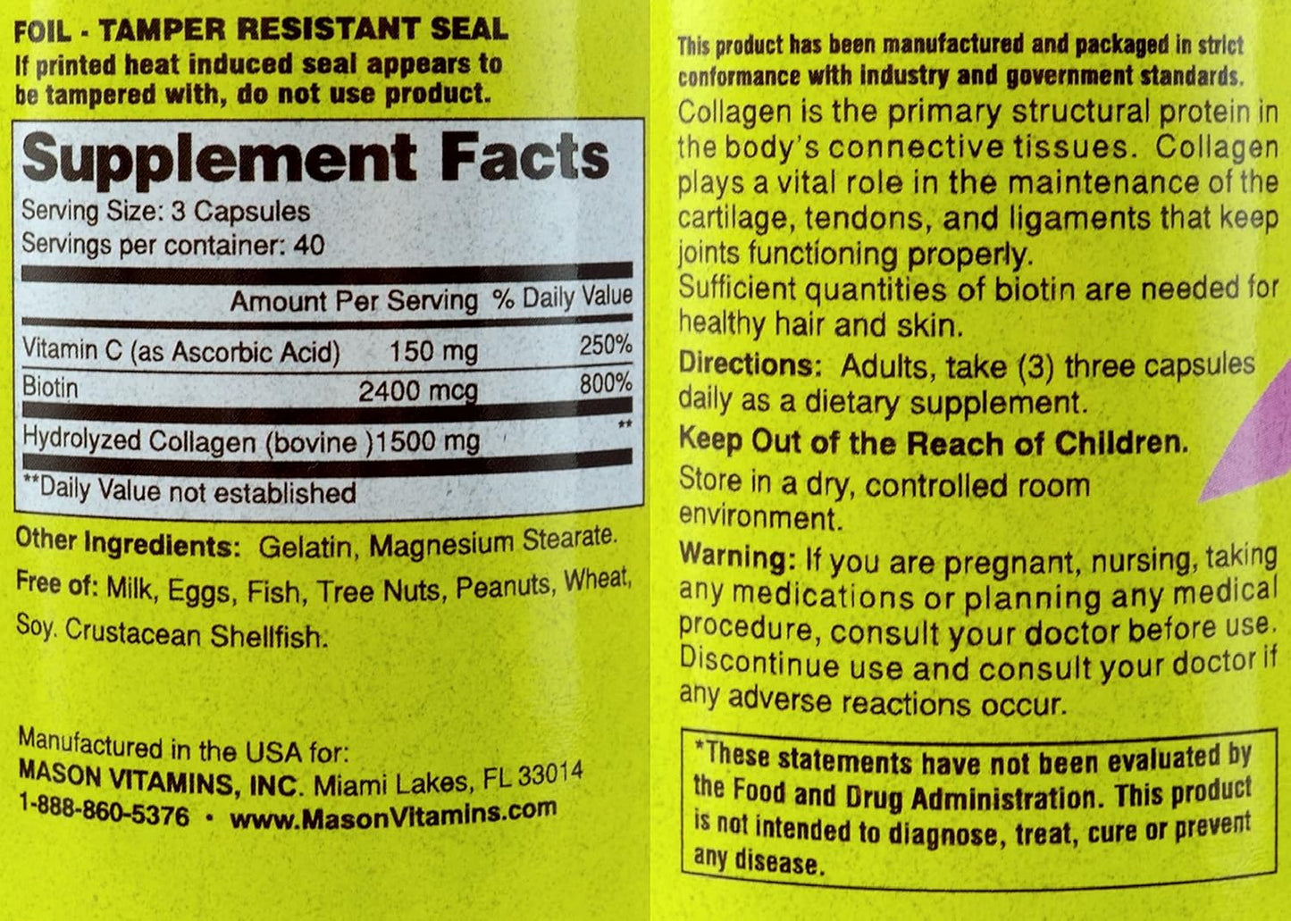 Mason Natural Collagen and Vitamin C Supplement, 1480 mg, 120 Capsules for Skin Health and Immune Support
