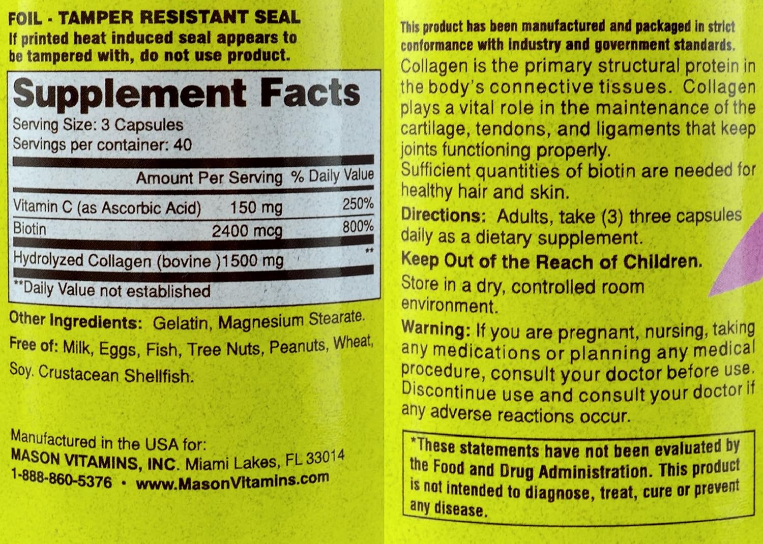 Mason Natural Collagen and Vitamin C Supplement, 1480 mg, 120 Capsules for Skin Health and Immune Support