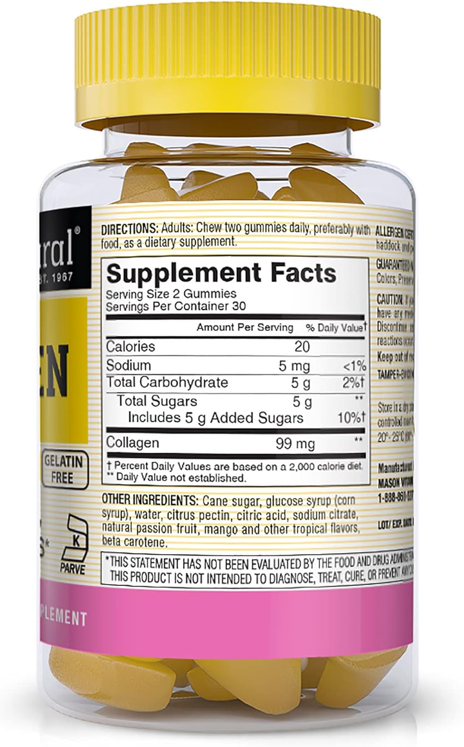 MASON NATURAL Collagen Gummies - Tropical Flavor, 180 Gummies, Supports Skin, Bones, Joints, Kosher