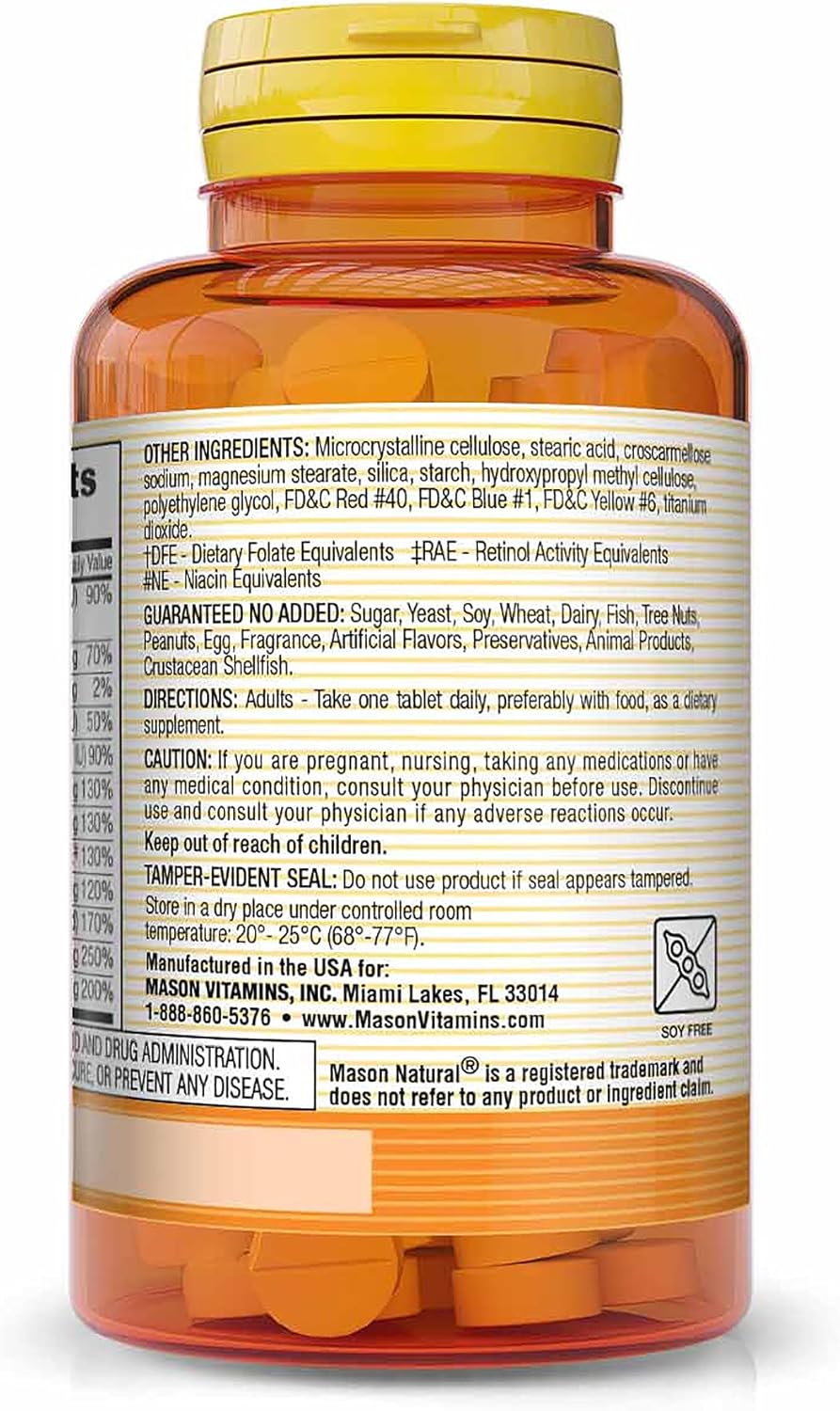 Mason Natural Daily Multiple Vitamins with Vitamins A, C, D3, E, B1, B2, B3, B6, B12, Folate, and Calcium - 100 Tablets for Overall Health