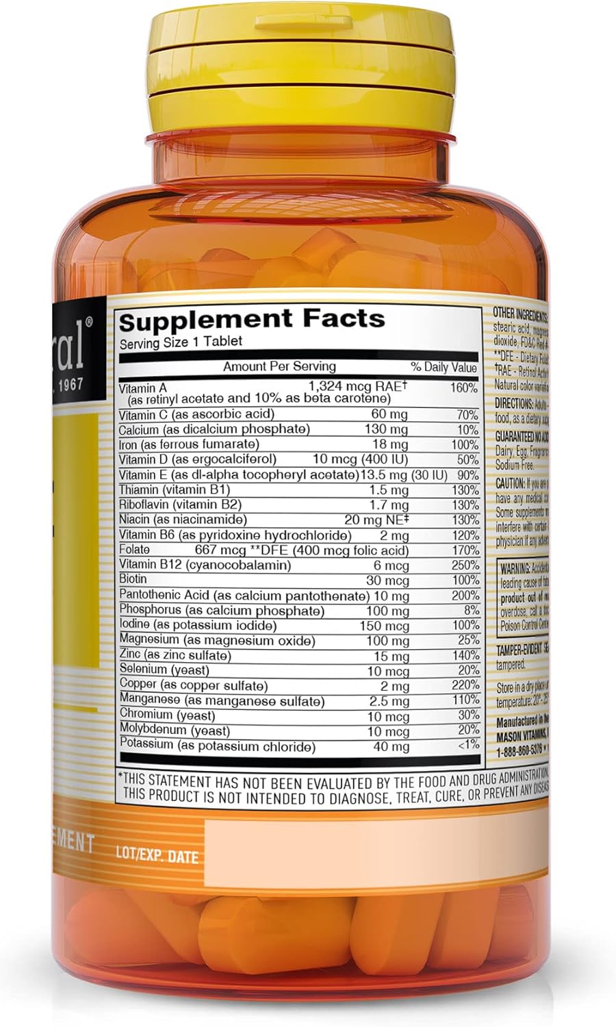 MASON NATURAL Daily Multivitamin with Minerals - 24 Essential Vitamins and Minerals for Overall Health, 180 Tablets