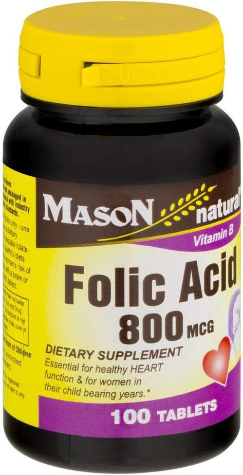 Mason Natural Folic Acid Tablets 0.8mg - 100 Count Bottle for Essential Nutrient Support