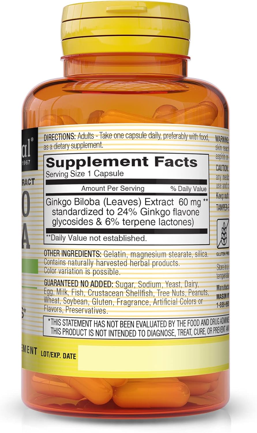 MASON NATURAL Ginkgo Biloba Herbal Supplement for Brain Function & Alertness - 60 Capsules