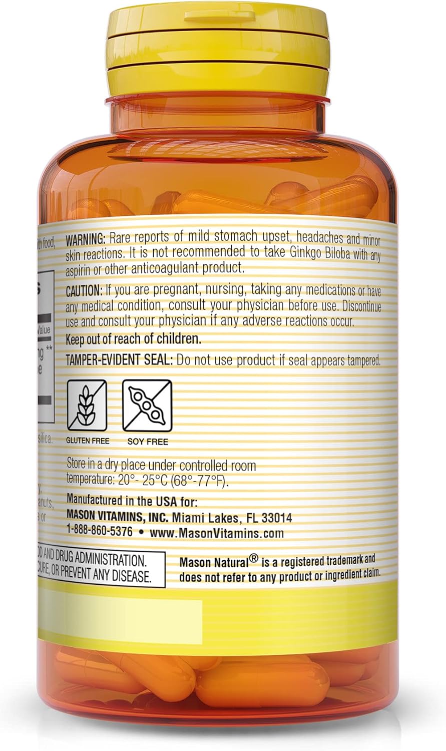 MASON NATURAL Ginkgo Biloba Herbal Supplement for Brain Function & Alertness - 60 Capsules