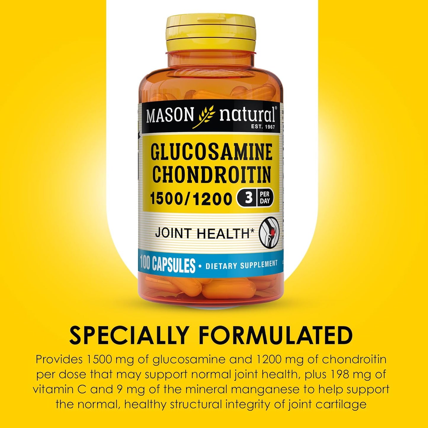 MASON NATURAL Glucosamine Chondroitin 1500/1200 + Vitamin C - Joint Health Support, Flexibility & Mobility - 100 Capsules