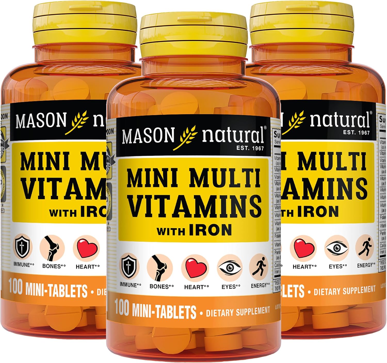 MASON NATURAL Iron & Multivitamin Daily Mini Supplements with Vitamins A, C, D, E, B1, B2, B3, B6, B12, Folate, and Calcium - 100 Day Supply (3-Pack)