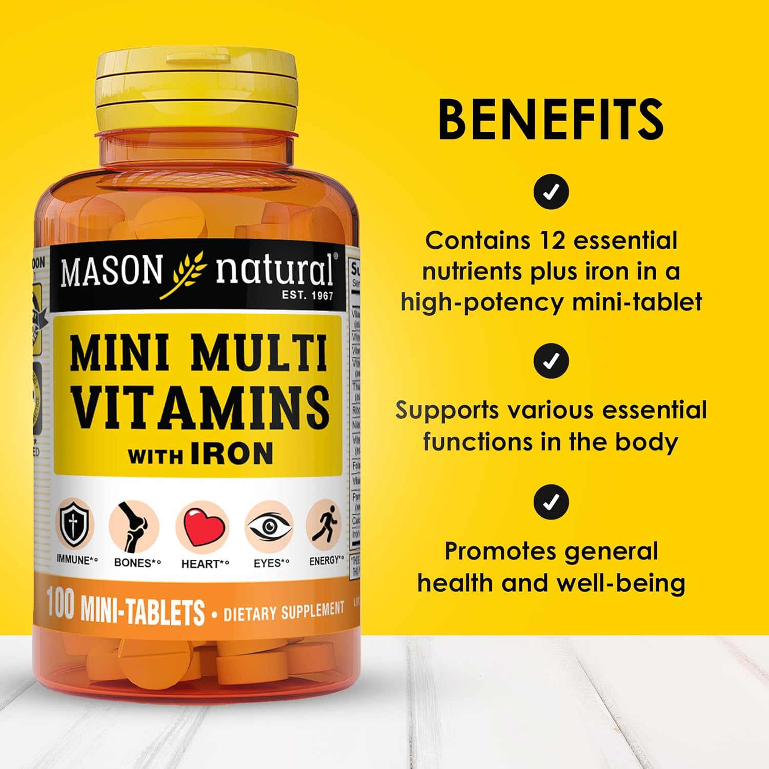 MASON NATURAL Iron & Multivitamin Daily Mini Supplements with Vitamins A, C, D, E, B1, B2, B3, B6, B12, Folate, and Calcium - 100 Day Supply (3-Pack)