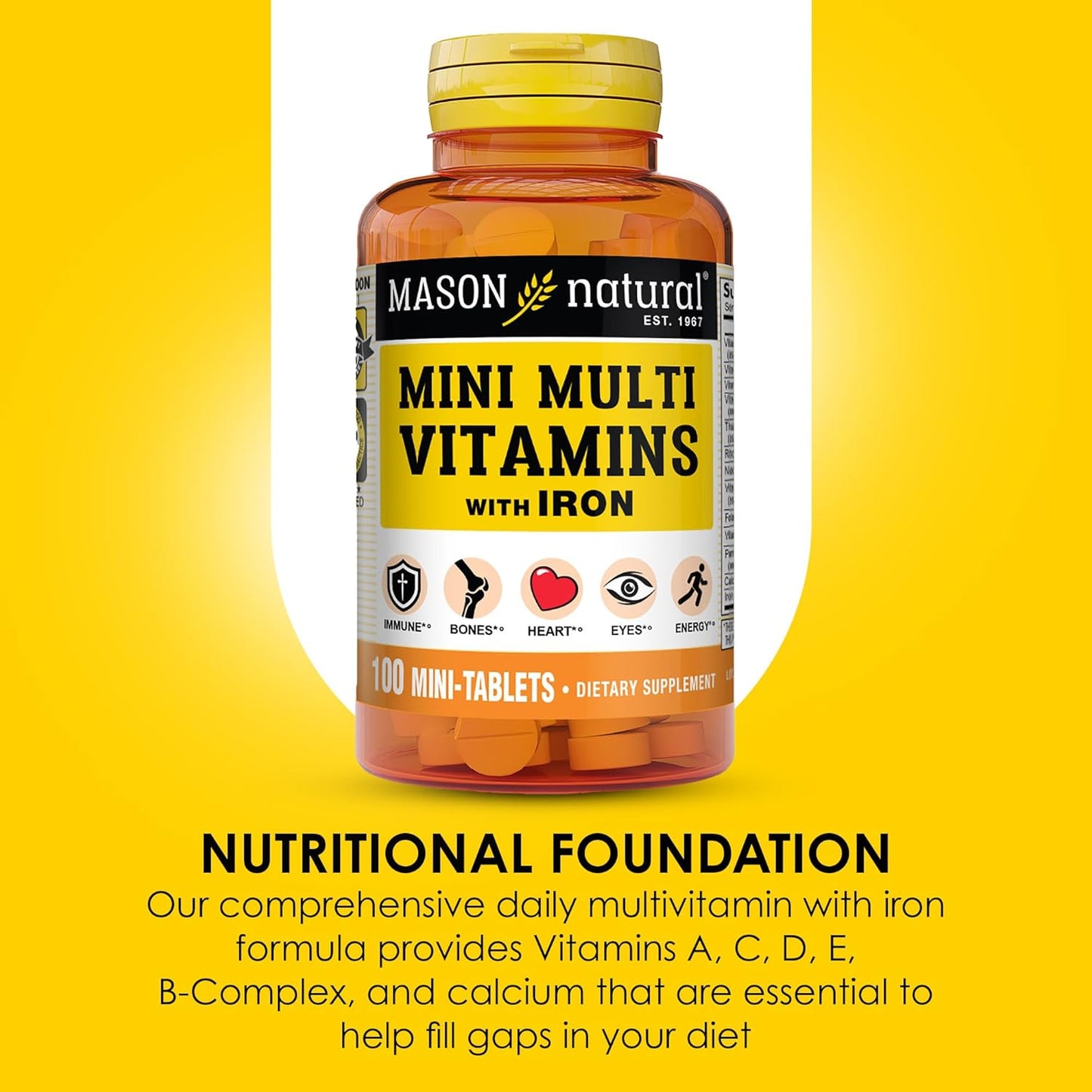 MASON NATURAL Iron & Multivitamin Daily Mini Supplements with Vitamins A, C, D, E, B1, B2, B3, B6, B12, Folate, and Calcium - 100 Day Supply (3-Pack)