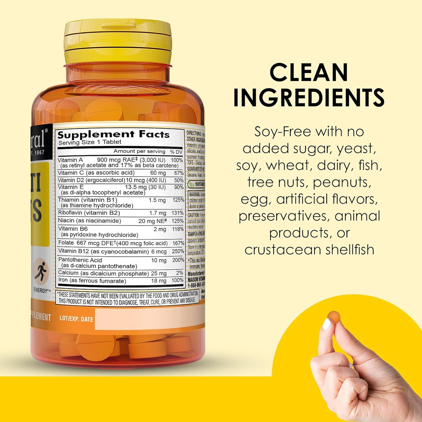 MASON NATURAL Iron & Multivitamin Daily Mini Supplements with Vitamins A, C, D, E, B1, B2, B3, B6, B12, Folate, and Calcium - 100 Day Supply (3-Pack)
