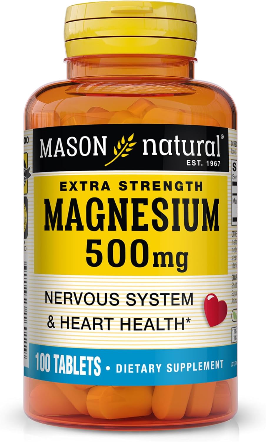 Mason Natural Magnesium 500mg Extra Strength - 100 Day Supply for Heart & Nervous System - 1 Pack