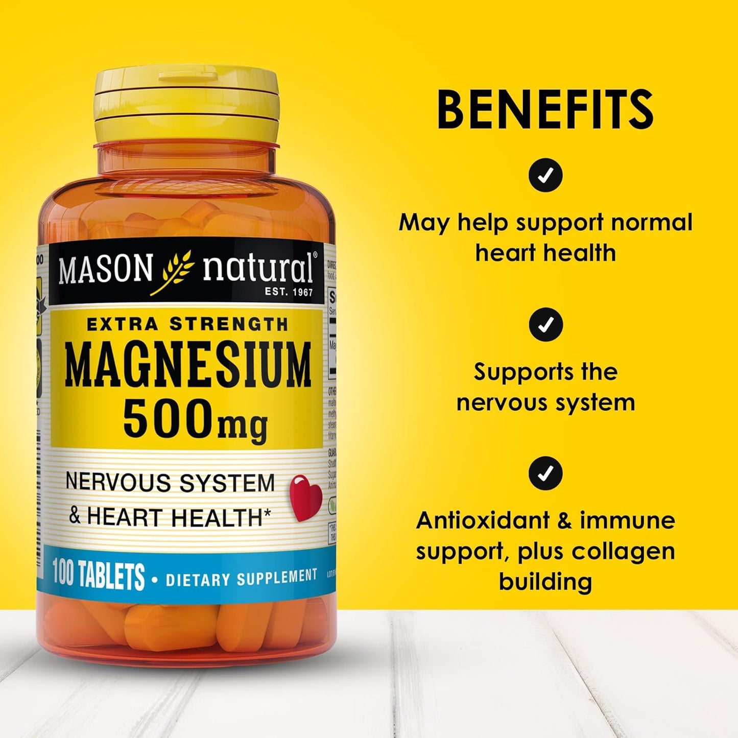 Mason Natural Magnesium 500mg Extra Strength - 100 Day Supply for Heart & Nervous System - 1 Pack