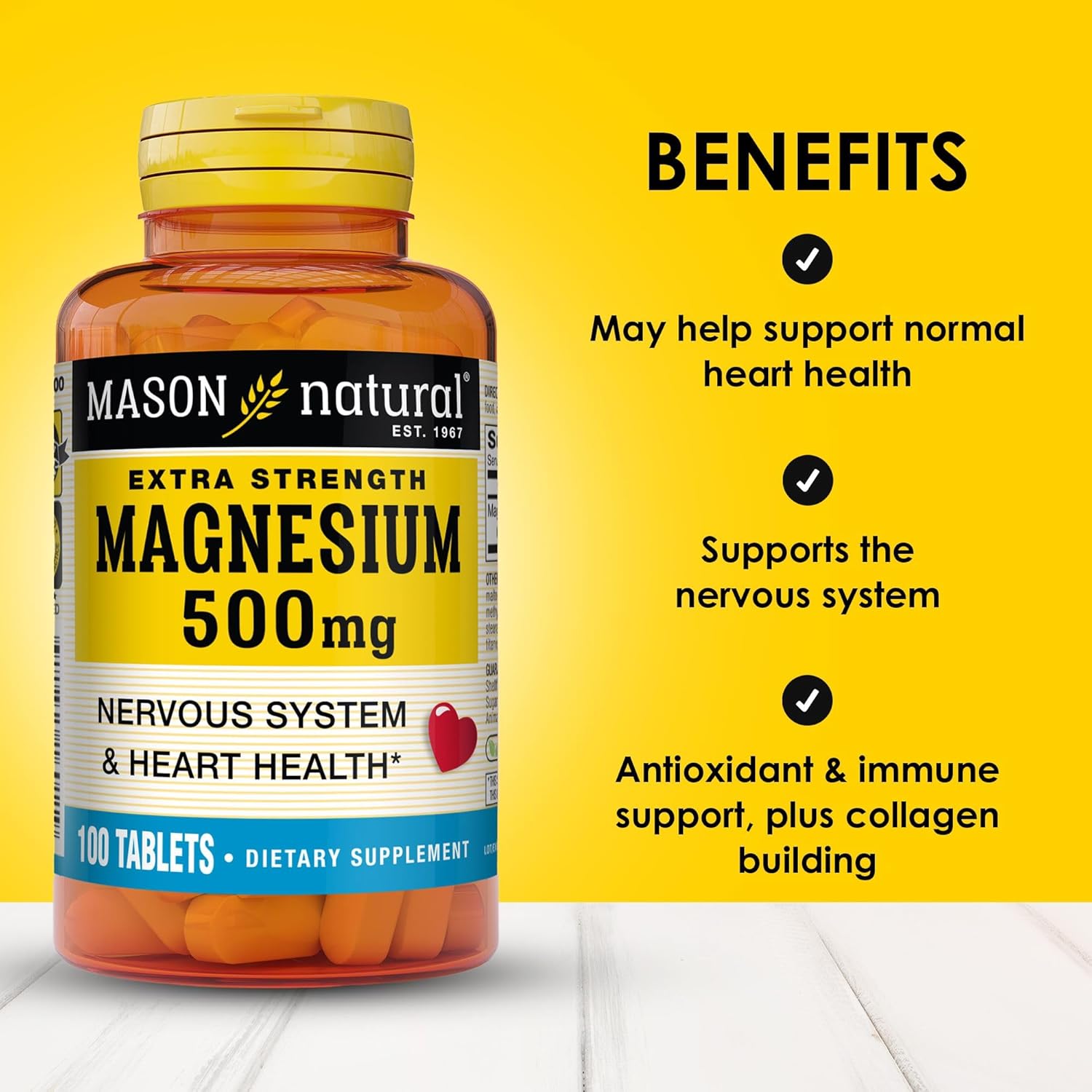 Mason Natural Magnesium 500mg Extra Strength - 100 Day Supply for Heart & Nervous System - 1 Pack