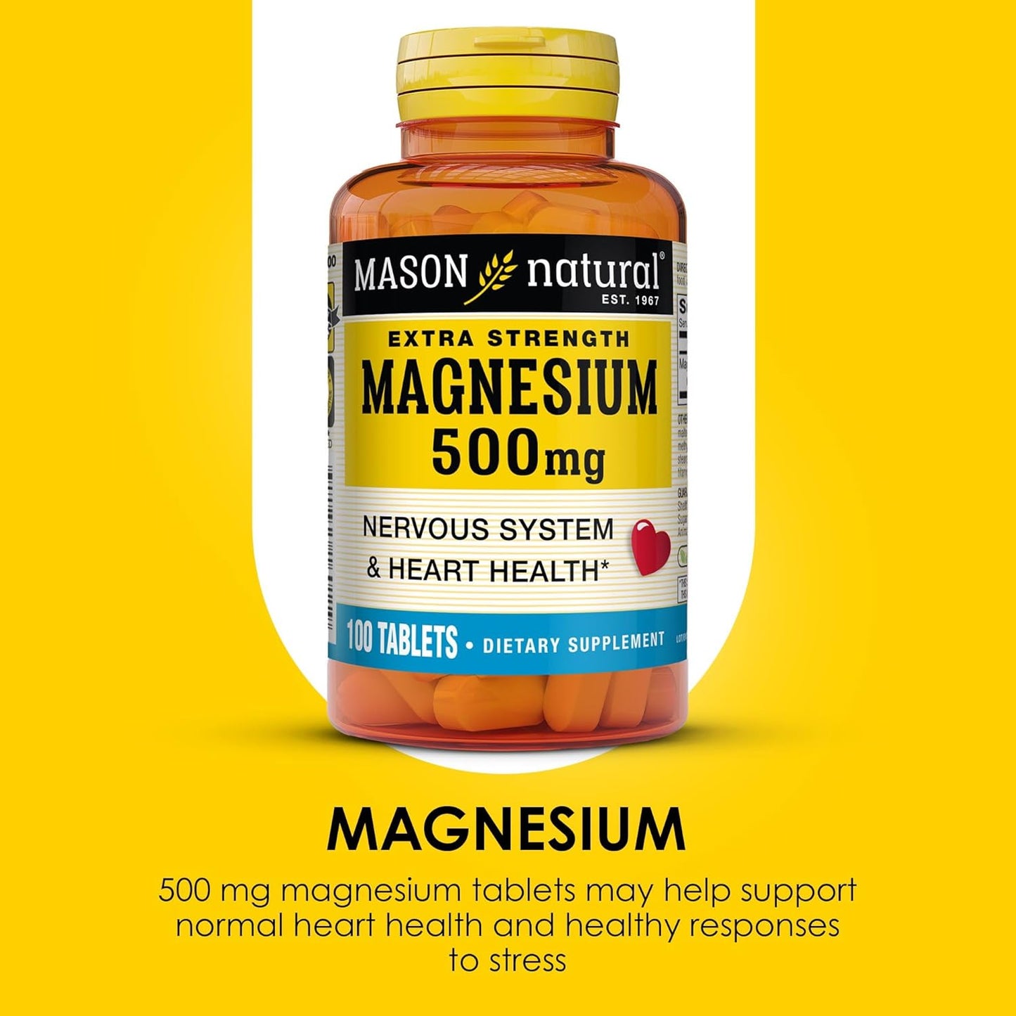 Mason Natural Magnesium 500mg Extra Strength - 100 Day Supply for Heart & Nervous System - 1 Pack