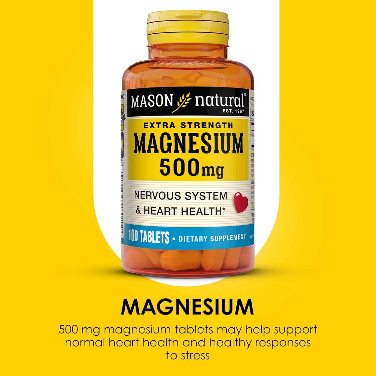Mason Natural Magnesium 500mg Extra Strength - 100 Day Supply for Heart & Nervous System - 1 Pack