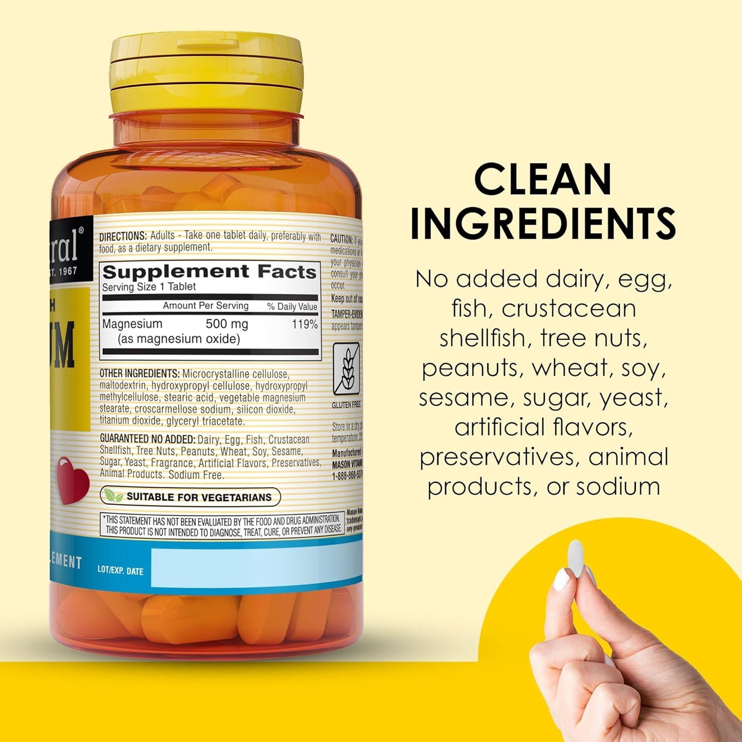 Mason Natural Magnesium 500mg Extra Strength - 100 Day Supply for Heart & Nervous System - 1 Pack