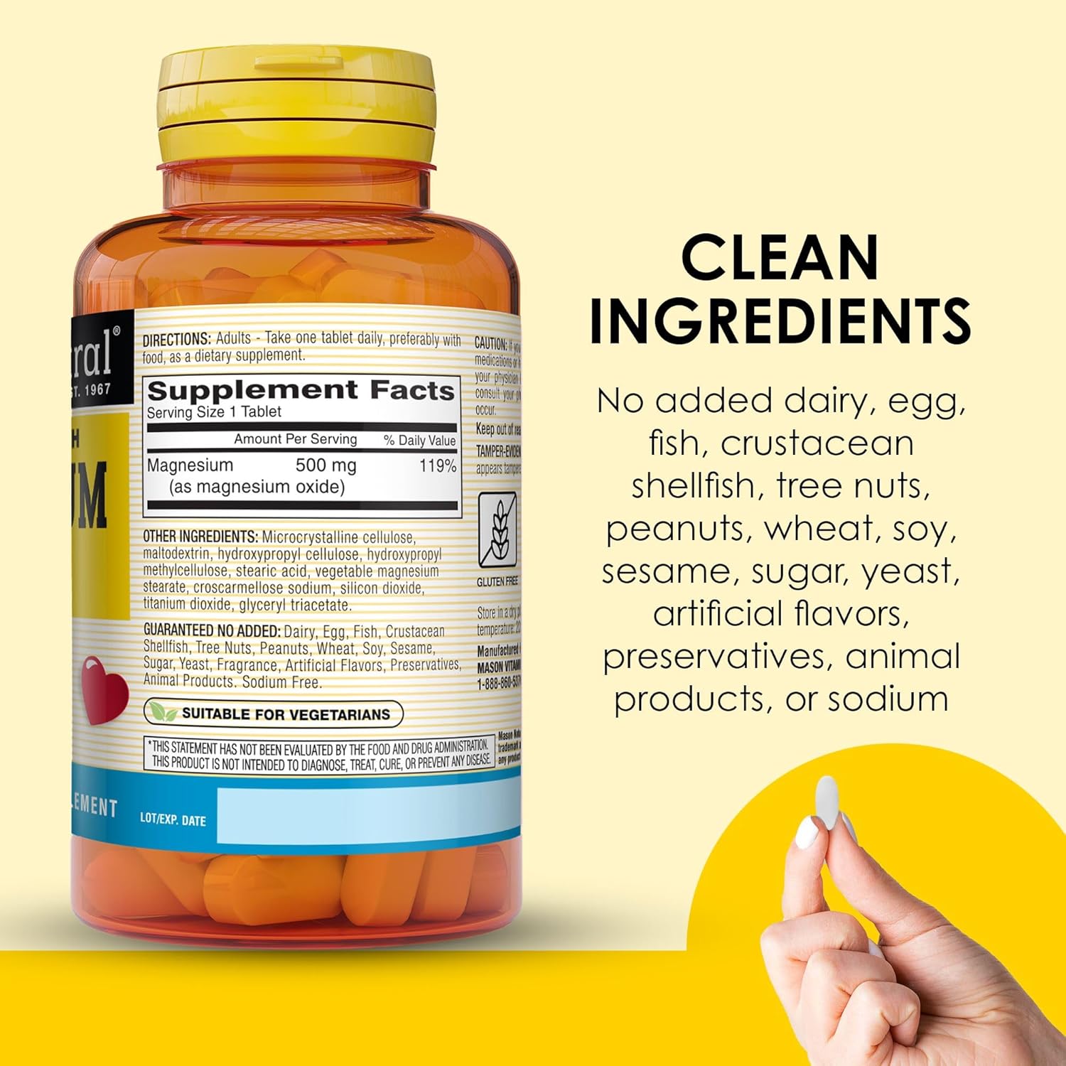 Mason Natural Magnesium 500mg Extra Strength - 100 Day Supply for Heart & Nervous System - 1 Pack