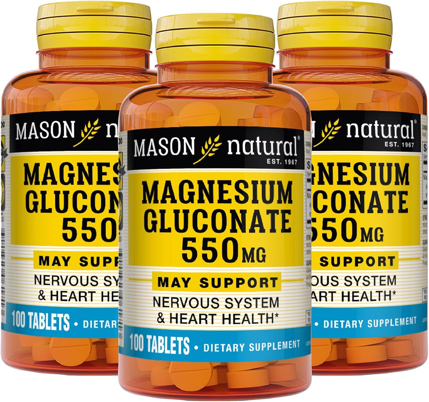 Mason Natural Magnesium Gluconate 550mg Tablets - 300 Day Supply for Heart & Nervous System Support - Pack of 100 x 3