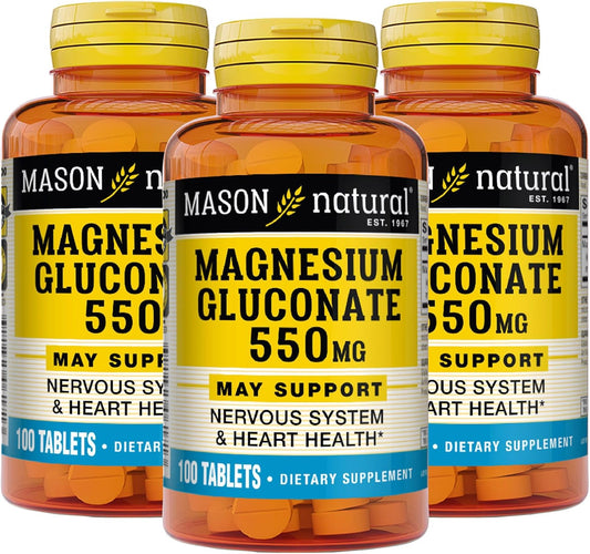 Mason Natural Magnesium Gluconate 550mg Tablets - 300 Day Supply for Heart & Nervous System Support - Pack of 100 x 3