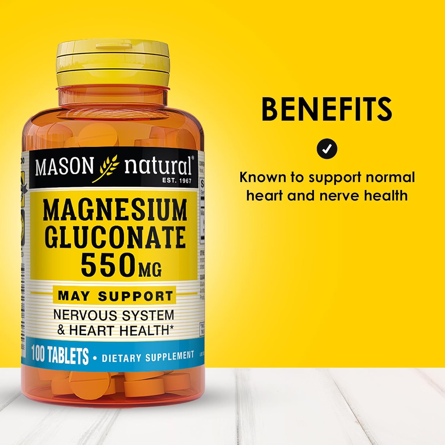 Mason Natural Magnesium Gluconate 550mg Tablets - 300 Day Supply for Heart & Nervous System Support - Pack of 100 x 3