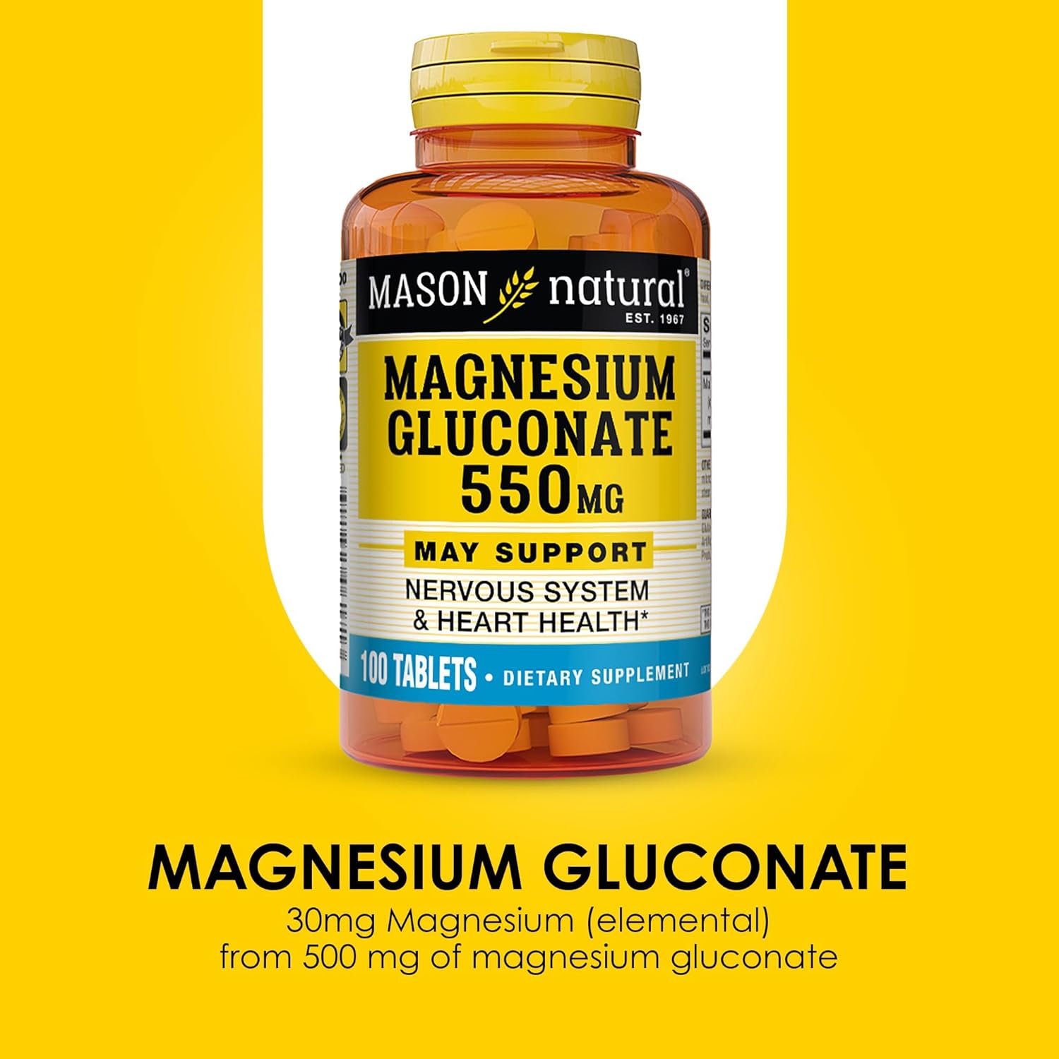 Mason Natural Magnesium Gluconate 550mg Tablets - 300 Day Supply for Heart & Nervous System Support - Pack of 100 x 3