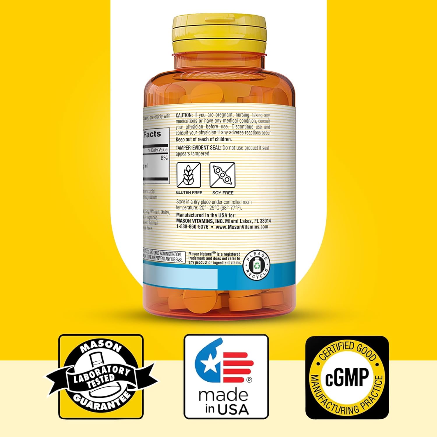 Mason Natural Magnesium Gluconate 550mg Tablets - 300 Day Supply for Heart & Nervous System Support - Pack of 100 x 3
