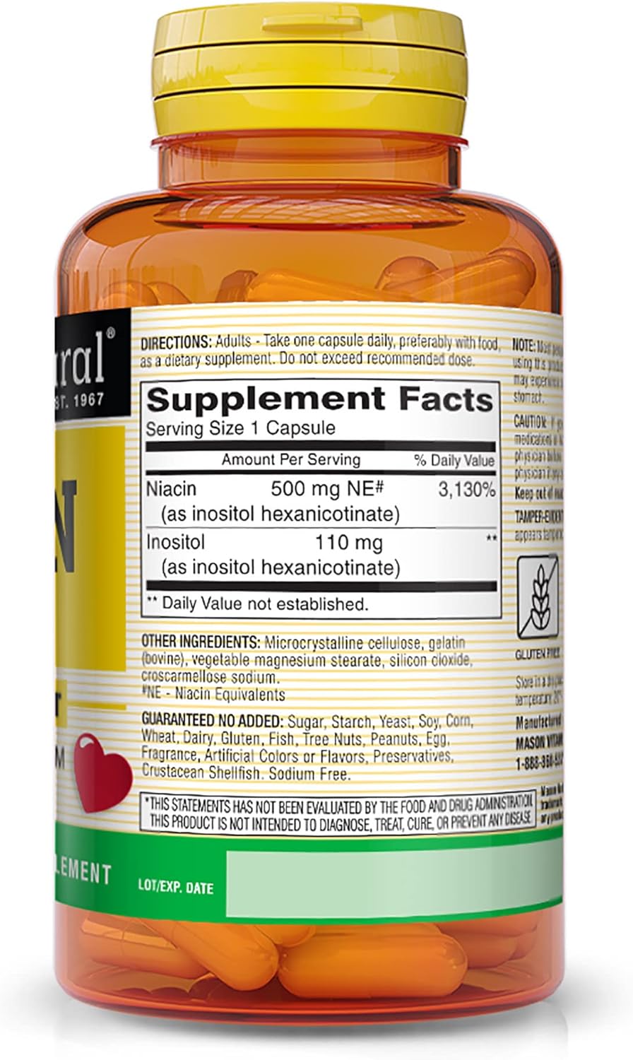 Mason Natural Niacin 500mg Capsules for Heart Health & Energy, 60ct (Pack of 3) - Flush-Free Supplement for Nervous System
