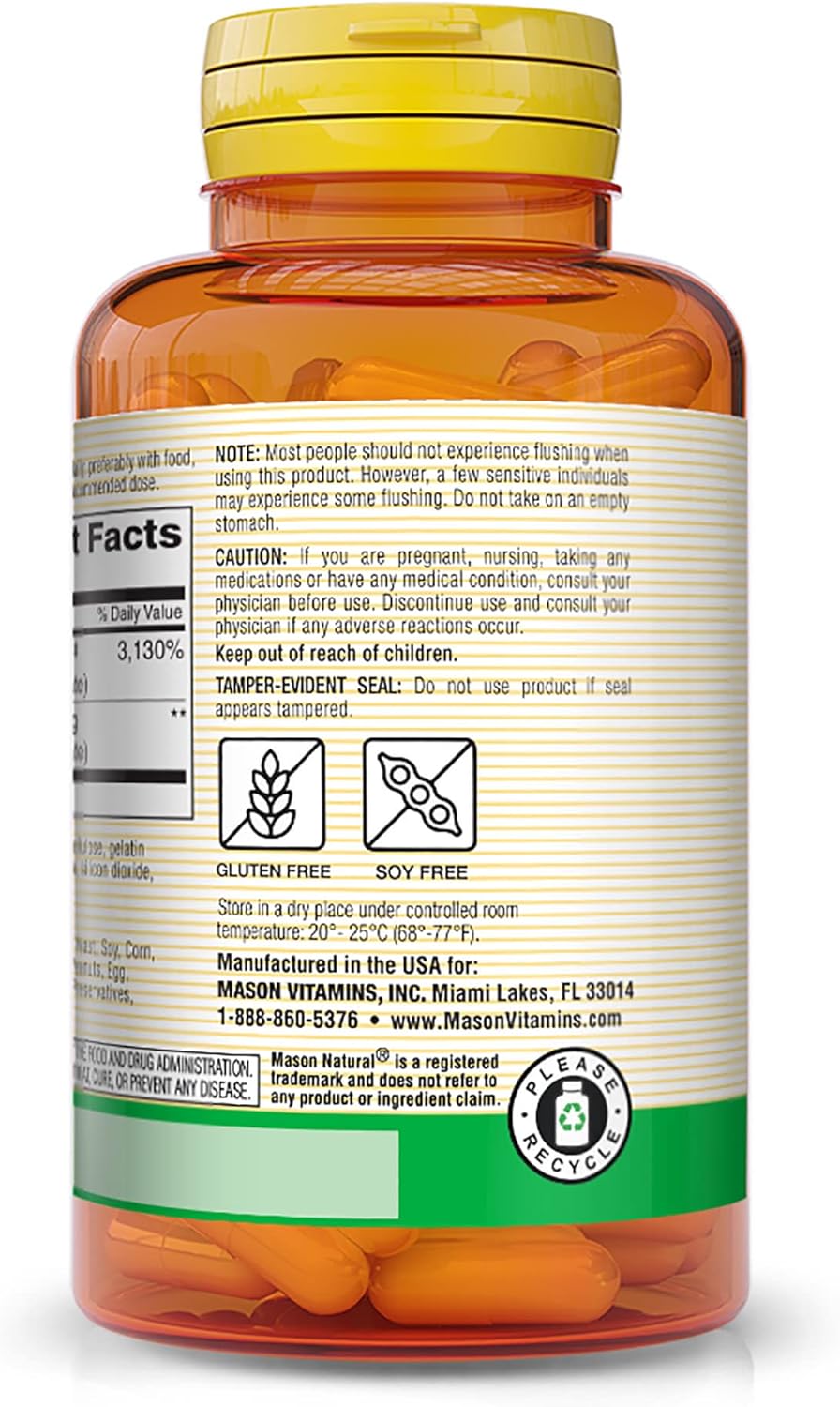 Mason Natural Niacin 500mg Capsules for Heart Health & Energy, 60ct (Pack of 3) - Flush-Free Supplement for Nervous System