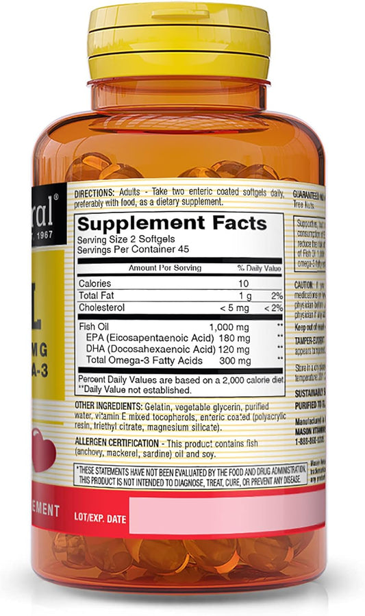 MASON NATURAL No Burp Fish Oil Softgels - 1000mg Omega-3 for Heart Health, Circulatory Support - 540 Total Softgels
