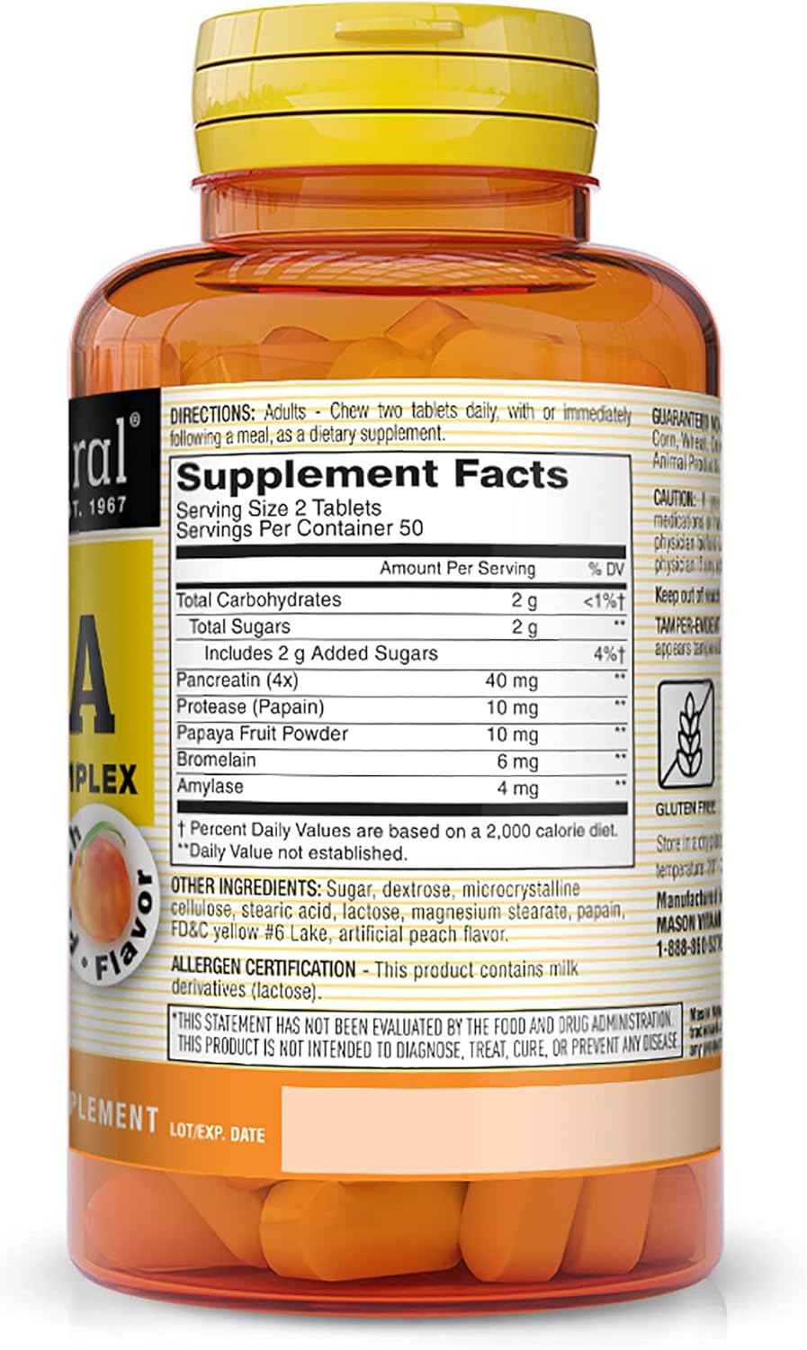 MASON NATURAL Papaya Digestive Enzyme Complex Chewables - Peach Flavor, Supports Digestive Health & Nutrient Absorption, 300 Count - BoostGo Australia