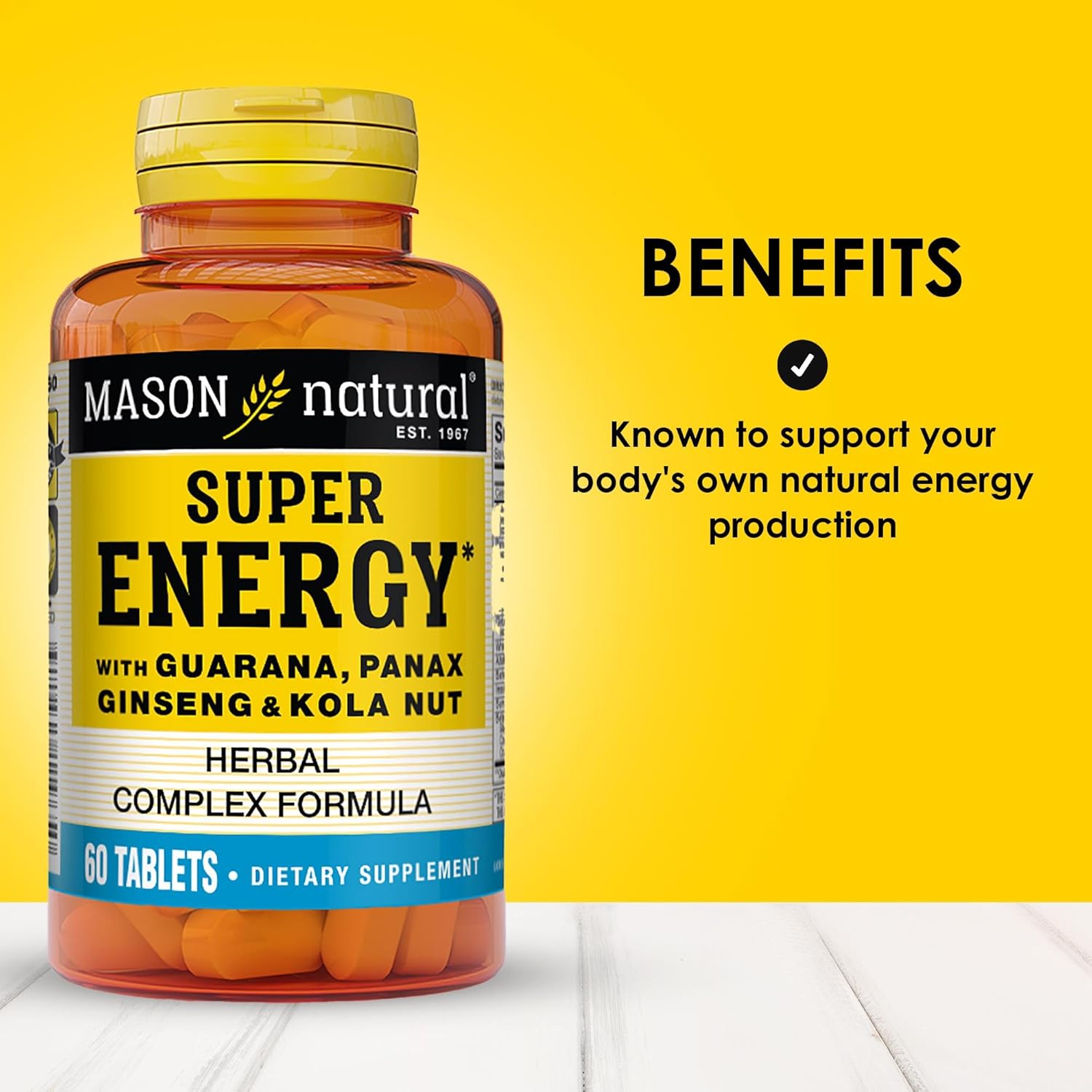 MASON NATURAL Super Energy Herbal Complex - Guarana, Panax Ginseng, Kola Nut for Optimal Performance & Energy, 60 Tablets