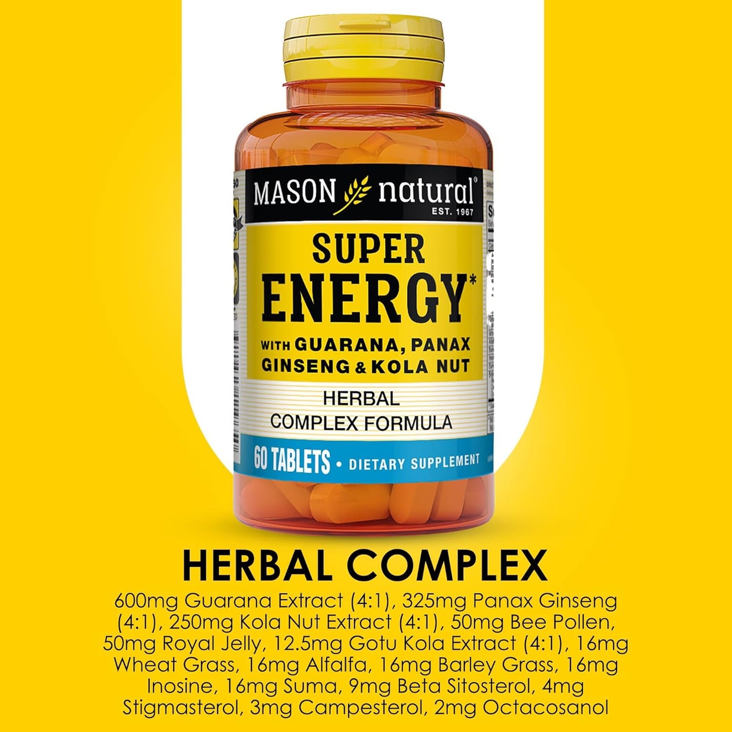 MASON NATURAL Super Energy Herbal Complex - Guarana, Panax Ginseng, Kola Nut for Optimal Performance & Energy, 60 Tablets