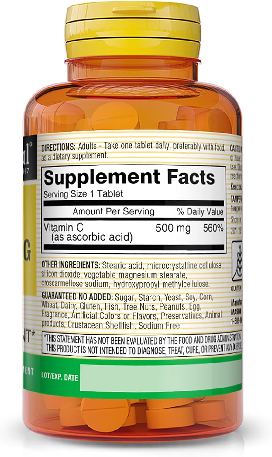 MASON NATURAL Vitamin C 500 mg Tablets for Immune Support and Antioxidant Boost - 100 Count